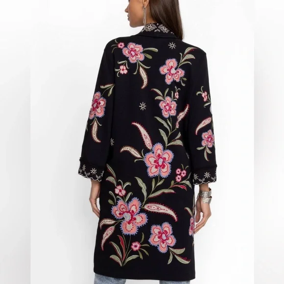 Johnny Was Libby French Terry Kimono Coat black with pink floral embroidery - Picture 3 of 6